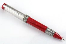 Load image into Gallery viewer, Front view of the red and silver rollerball pen.