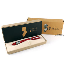 Load image into Gallery viewer, The red pen arranged in the presentation bo with the included booklet and outer orange box. The orange box has some black markings due to age.