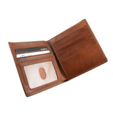 Load image into Gallery viewer, Angled interior view of the tan leather wallet with multiple credit card compartments and an ID window at the front.