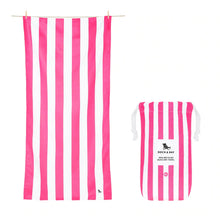 Load image into Gallery viewer, Front view of the white and pink striped towel with the storage bag next to it.