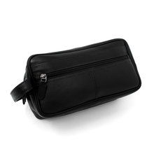 Load image into Gallery viewer, Dorado Double Pocket Shave Kit - Black
Angled Front Panel View showing full-length zippered accessory pocket, matching leather handle grip and matching leather zipper tab.
DIMENSIONS: 10.5(L) X 5.5(H) X 5"(D)