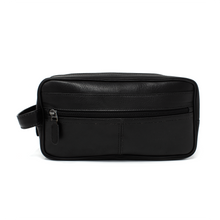 Load image into Gallery viewer, Dorado Double Pocket Shave Kit - Black
Image of Front Panel View, showing matching leather handle grip on side panel, and full-length zippered accessory pocket.
DIMENSIONS: 10.5(L) X 5.5(H) X 5"(D)