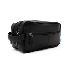 Load image into Gallery viewer, Dorado Double Pocket Shave Kit - Black
Front Angled View, showing two top zip main compartments, front zippered accessory pocket and matching leather handle grip on side left side panel.
DIMENSIONS: 10.5(L) X 5.5(H) X 5"(D)