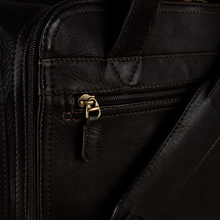 Load image into Gallery viewer, Dorado Leather Expandable Fan-File Brief - Brown
Closeup Image of Front Panel with zippered accessory pocket for quick access to passport, ticket, etc.
Dimensions:  17" X 12" X 5" (Expands to 7")