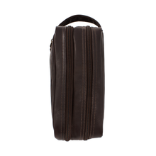 Load image into Gallery viewer, Dorado Double Pocket Shave Kit - Brown
Birds Eye view of Top Panel of Shave Kit, showing two main zippered compartments and matching leather handle grip.
DIMENSIONS: 10.5(L) X 5.5(H) X 5"(D)