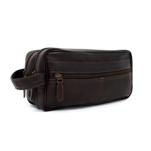 Load image into Gallery viewer, Dorado Double Pocket Shave Kit - Brown
Image of Front Angled View showing two top zip compartments, front zippered accessory pocket and matching leather handle grip
DIMENSIONS: 10.5(L) X 5.5(H) X 5"(D)