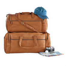 Load image into Gallery viewer, Dorado Colombian Leather Duffels - Tan
Image of Large and Medium Size.  Featured in Holiday Catalog.  Sold Separately.