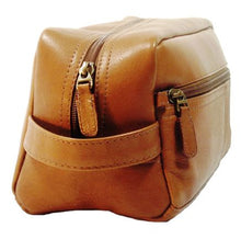Load image into Gallery viewer, Dorado Colombian Leather Zip Shave Kit - Tan
Image of Left-Facing Side Panel, also showing matching leather handle grip, top zip main compartment and front panel zippered accessory pocket.
DIMENSIONS:  10 X 5 X5"