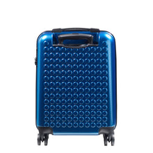 Load image into Gallery viewer, Back panel view of the blue suitcase with black accents.