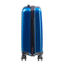 Load image into Gallery viewer, Side panel view of the blue suitcase with black accents.