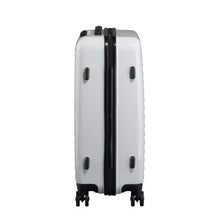 Load image into Gallery viewer, Side panel view of the white suitcase with black accents.