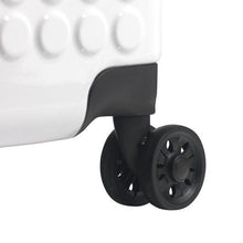 Load image into Gallery viewer, Close up to a spinner wheel on the white suitcase.