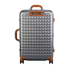 Load image into Gallery viewer, Back panel view of the suitcase. The top and side grip handles are lifted.