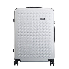 Load image into Gallery viewer, Front view of the white suitcase with black accents.