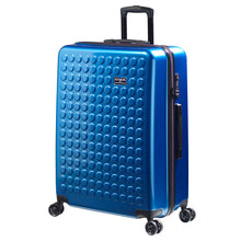 Load image into Gallery viewer, Angled front view of the blue suitcase with black accents. The telescopic handle is partly pulled up.