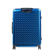 Load image into Gallery viewer, Back panel view of the blue suitcase with black accents. The telescopic handle is retracted.