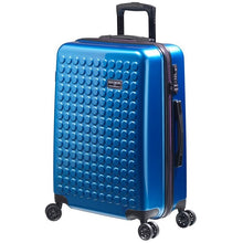 Load image into Gallery viewer, Angled front view of the blue suitcase with the blue suitcase with black accents.