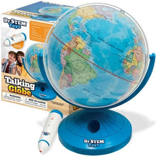 Load image into Gallery viewer, A blue Dr. Stem Talking Globe with an interactive stylus pen, displayed next to its packaging box which features a map and a photo of a child with the globe.