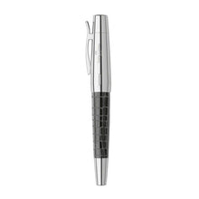 Load image into Gallery viewer, Side view of the black E-motion crocodile fountain pen with the cap on.
