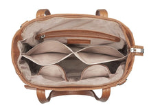 Load image into Gallery viewer, Top interior view of the tan leather concealed carry purse. It features multiple organization pockets and a zipper-closing compartment