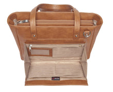 Load image into Gallery viewer, Angled front view of the tan leather purse. The front compartment is unzipped, it features multiple credit card compartments, one windowed ID slot, RFID protection, and a zipper-closing pocket.