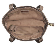 Load image into Gallery viewer, Top interior view of the brown leather shoulder bag. It features multiple credit card compartments, zipper-closing pockets, and two pen compartments.