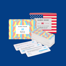 Load image into Gallery viewer, A collection of trivia game cards with US flag and Beach Ball designs featuring trivia cards.