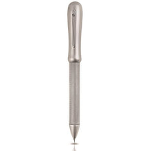 Load image into Gallery viewer, A brushed chrome multi-function pen with a round top and a textured barrel section.