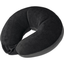 Load image into Gallery viewer, Angled font view of the black neck pillow with the end snap buttons closed together.