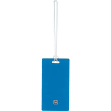 Load image into Gallery viewer, A blue rectangular luggage tag with a white flexible plastic loop for attachment.