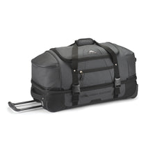 Load image into Gallery viewer, Angled side view of the black wheeled duffel bag.