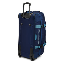 Load image into Gallery viewer, Angled back panel view of the navy blue duffle bag.
