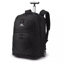 Load image into Gallery viewer, Angled front view of the black wheeled backpack with the shoulder straps an grab handle extended.