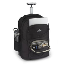 Load image into Gallery viewer, Angled front view of the black backpack with the compartments unzipped. Stationery, electronics, and a water bottle are organized in the compartments.