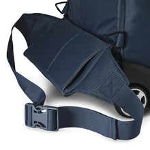 Load image into Gallery viewer, Close up to the waist strap on the back panel of the indigo blue backpack.