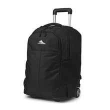 Load image into Gallery viewer, Angled front view of the black backpack with the telescopic handle partly extended.