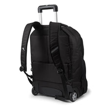 Load image into Gallery viewer, Angled back panel view of the black wheeled backpack.