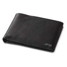 Load image into Gallery viewer, Angled front view of the black wallet on a a white background.
