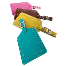Load image into Gallery viewer, Four colorful luggage tags in turquoise, yellow, brown, and pink.