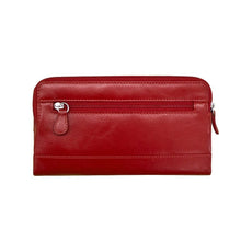 Load image into Gallery viewer, Back panel view of the red leather wallet.