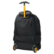 Load image into Gallery viewer, Angled back panel view of the backpack with the telescopic handle partly extended.