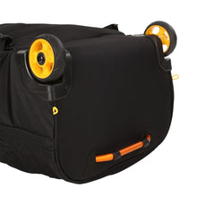 Load image into Gallery viewer, Angled bottom close up of the backpack. It features two wheels and a grip handle.