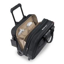 Load image into Gallery viewer, Briggs & Riley @Work Medium 2-Wheeled Expandable Brief - Black
Image of Front Angled View of Back Panel Compartment with two accessory pockets, and file divider organizer.
Dimensions: 14.5"H x 15.5"W X 9"D
Weight: 7.2 lbs.