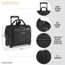 Load image into Gallery viewer, Briggs & Riley @Work Medium 2-Wheeled Expandable Brief - Black
Image of Feature Benefits: Iconic Outsider Handle, RFID Blocking Pocket, Lightweight Ballistic Nylon with Leather Trim and 2.5" Expansion
Dimensions: 14.5"H x 15.5"W X 9"D
Weight: 7.2 lbs.
