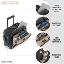 Load image into Gallery viewer, Briggs & Riley @Work Medium 2-Wheeled Expandable Brief - Black
Image of Product Interior Features: Laptop Compartment that fits most 15.6" laptops, Padded Tablet Slip Pocket, Front Organizer Compartment and Three-Section Design.
Dimensions: 14.5"H x 15.5"W X 9"D
Weight: 7.2 lbs.