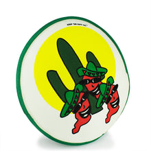 Load image into Gallery viewer, Angled view of the tortilla warmer with three red chiles wearing hats and a cactus behind them.