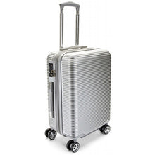 Load image into Gallery viewer, Angled front view of the suitcase with the telescopic handle extended.