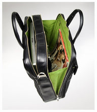 Load image into Gallery viewer, Interior view of the briefcase with green fabric lining. It features a magazine and a laptop inside.