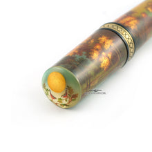 Load image into Gallery viewer, Angled close up to the top of the cap, featuring a hand-painted sky with sun, and tree branch with two birds.