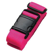 Load image into Gallery viewer, The neon pink luggage strap with a black plastic buckle, folded on a white background.